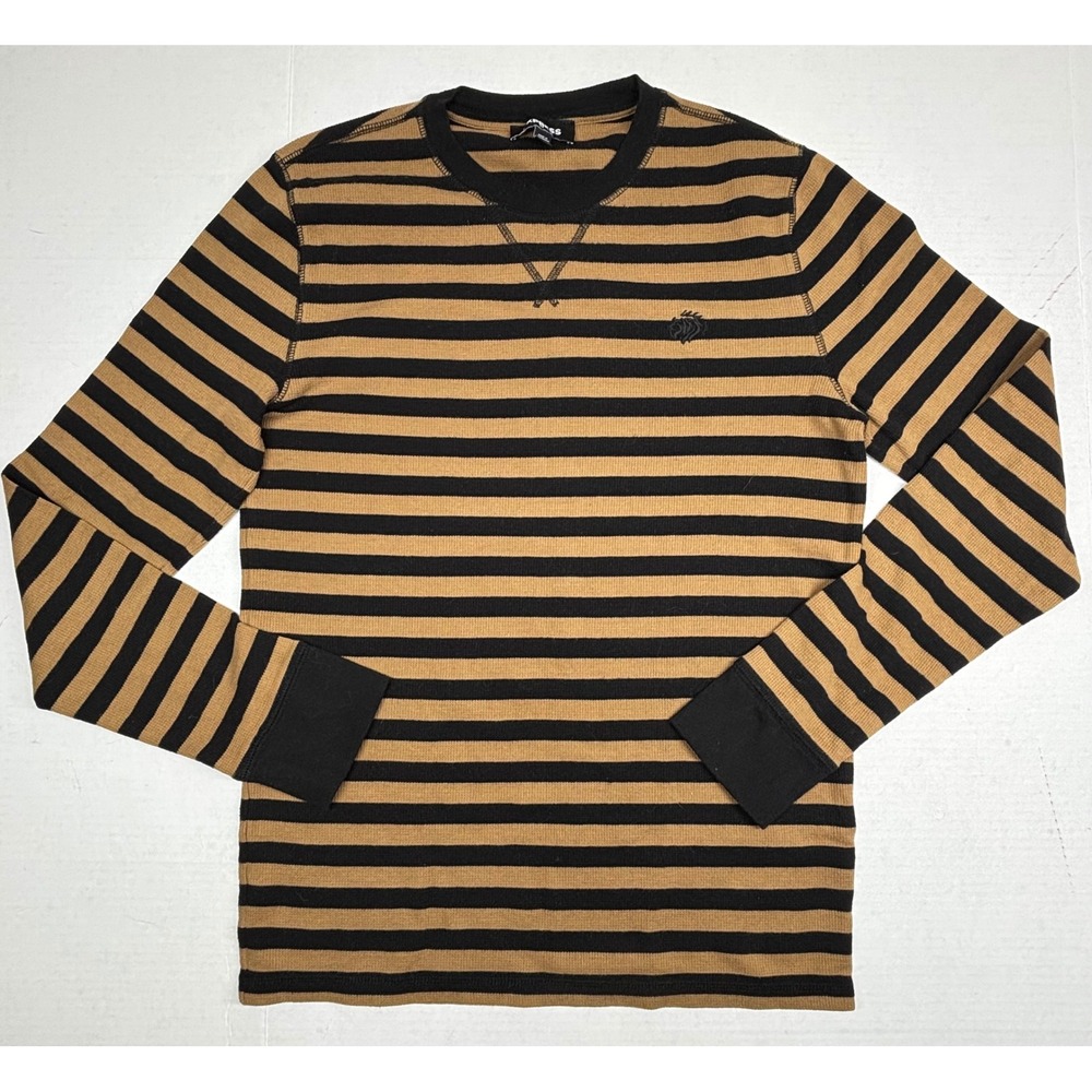 Express‎ Mens Thermal Shirt Striped Waffle Knit Black Tan Medium Retro Y2K EUC - Picture 2 of 10
